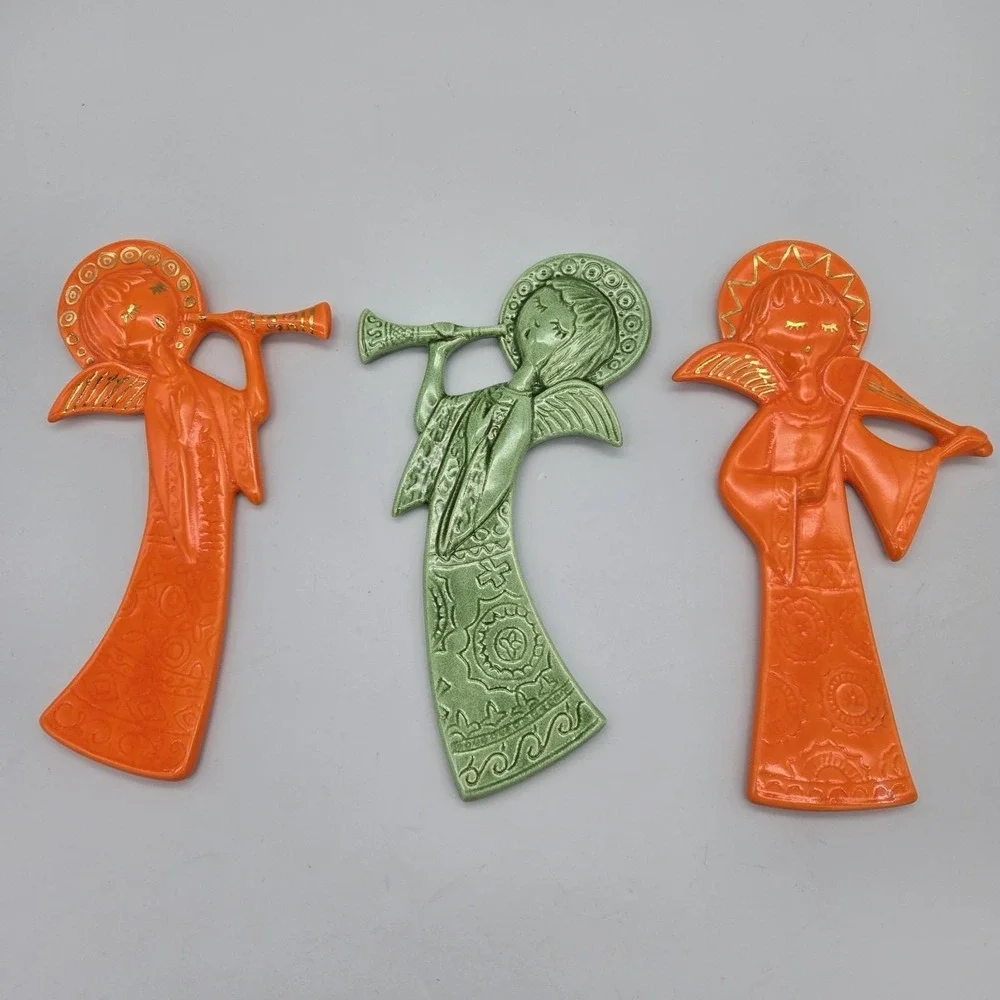 Vintage Ceramic Angels Playing Music Instruments Set of 3 Wall Plaque MCM Kitsch